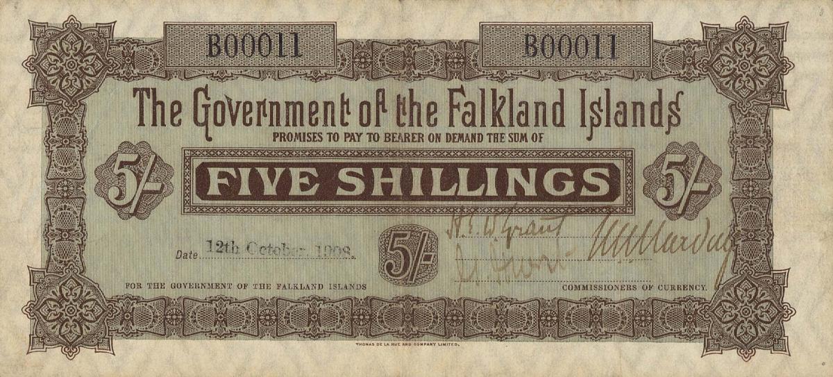 Front of Falkland Islands pA1A: 5 Shillings from 1905
