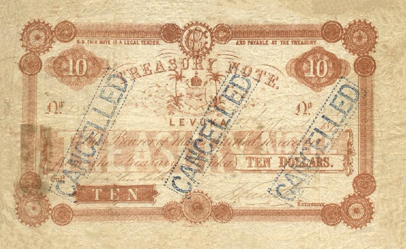 Front of Fiji p16c: 10 Dollars from 1872