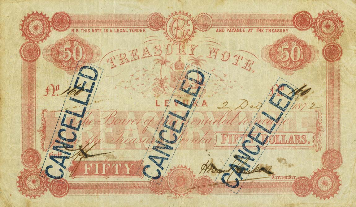 Front of Fiji p18b: 50 Dollars from 1872