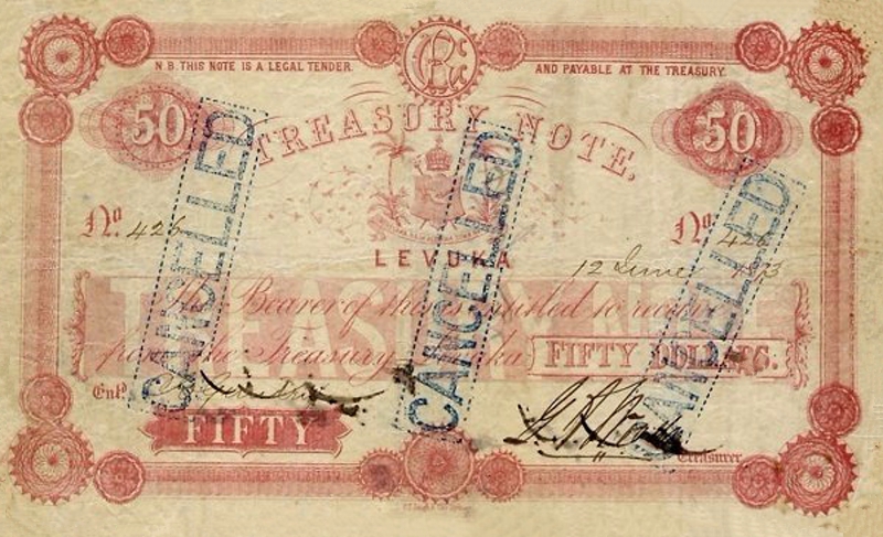 Front of Fiji p18c: 50 Dollars from 1872