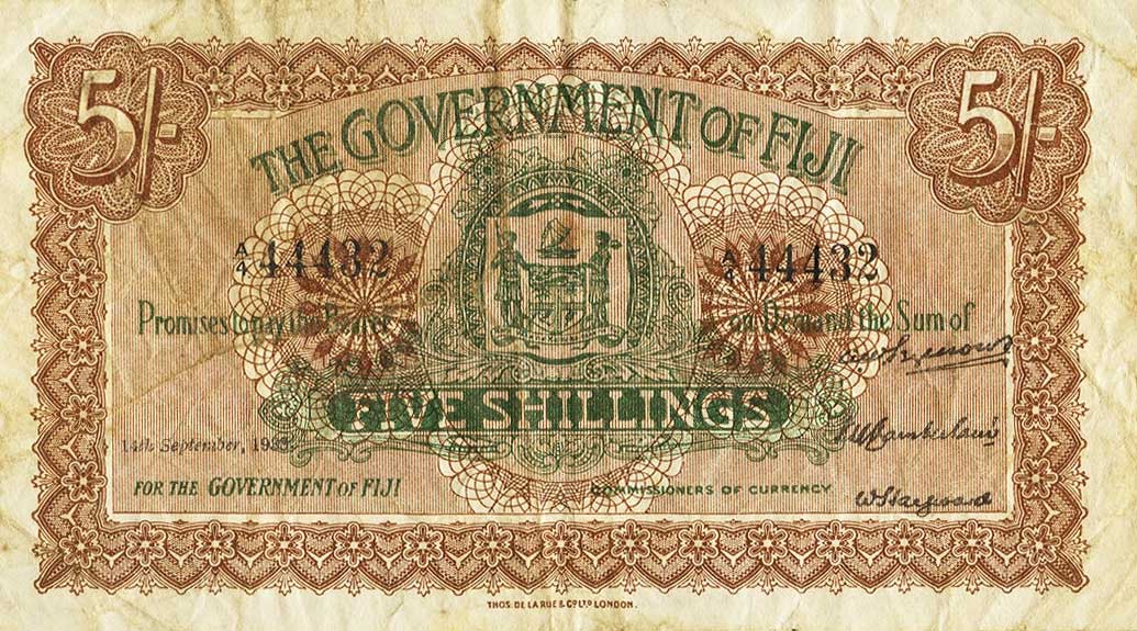 Front of Fiji p25n: 5 Shillings from 1933