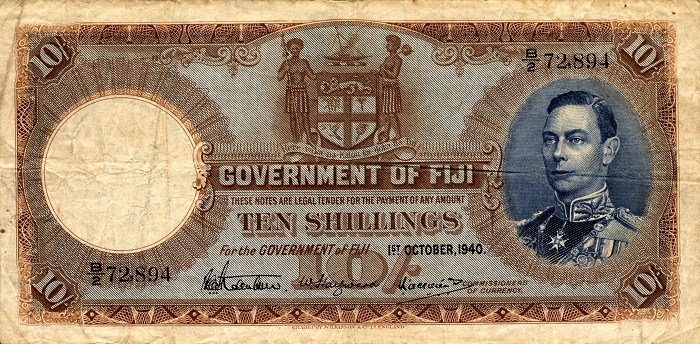 Front of Fiji p38d: 10 Shillings from 1940