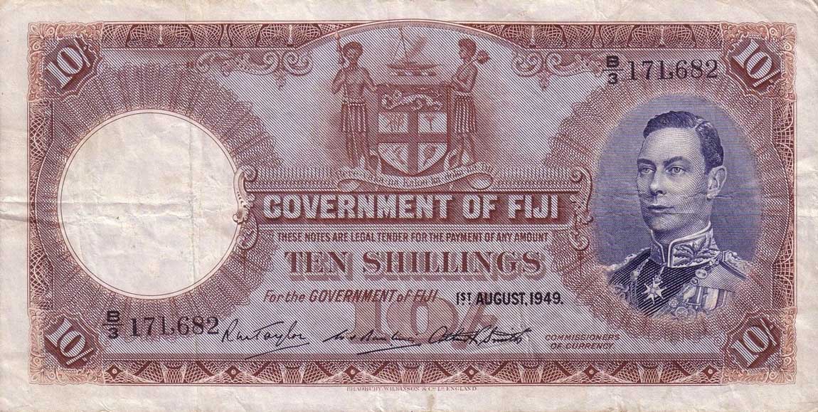 Front of Fiji p38i: 10 Shillings from 1949
