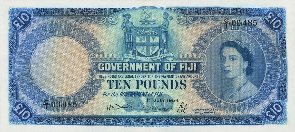 Front of Fiji p55a: 10 Pounds from 1954