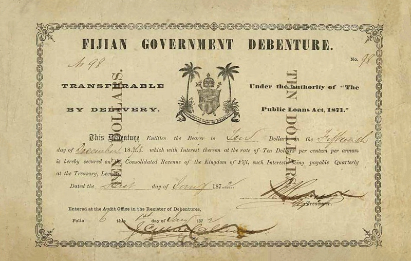 Front of Fiji p5d: 10 Dollars from 1871
