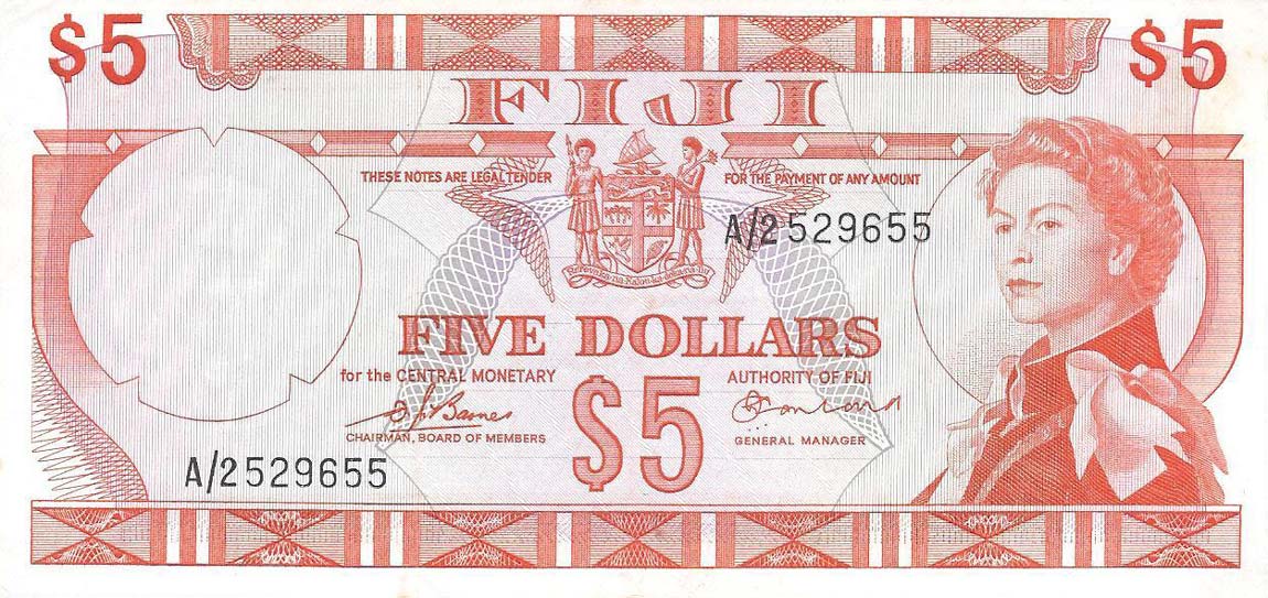 Front of Fiji p73b: 5 Dollars from 1974