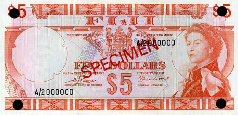 Front of Fiji p73s6: 5 Dollars from 1974