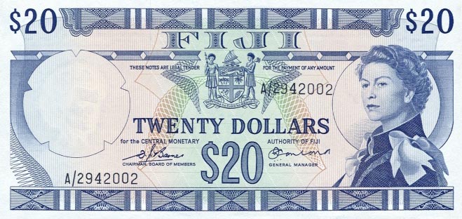 Front of Fiji p75b: 20 Dollars from 1974