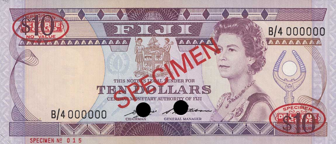 Front of Fiji p84s1: 10 Dollars from 1986