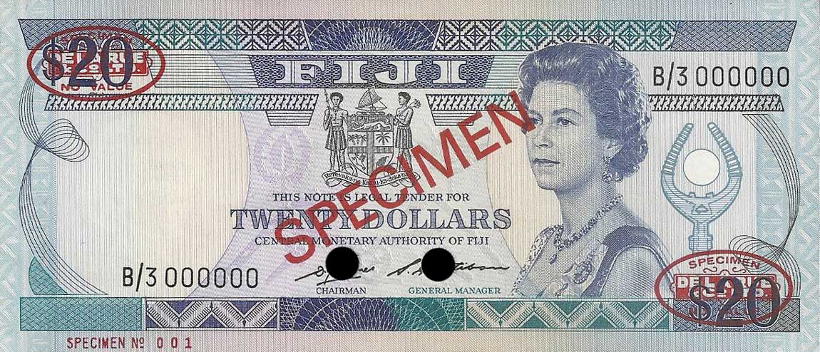 Front of Fiji p85s1: 20 Dollars from 1986