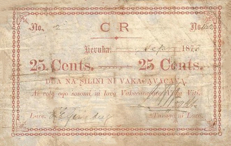 Front of Fiji p9a: 25 Cents from 1872