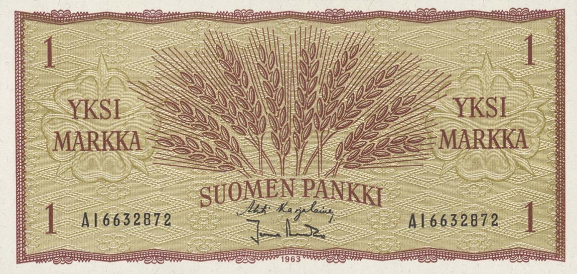 Front of Finland p98a: 1 Markkaa from 1963