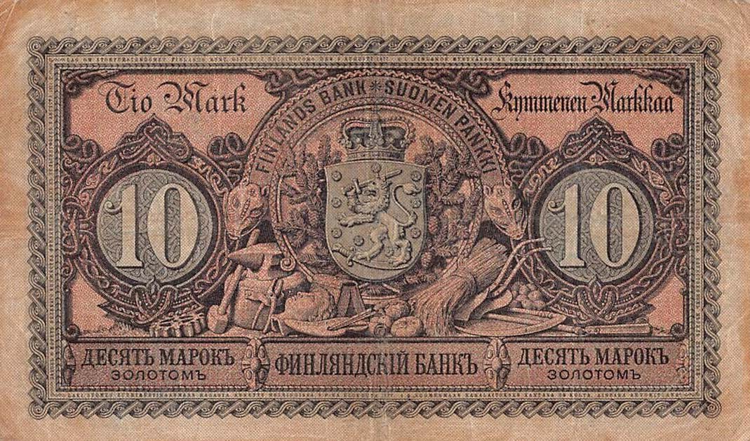 Back of Finland pA51: 10 Markkaa from 1889