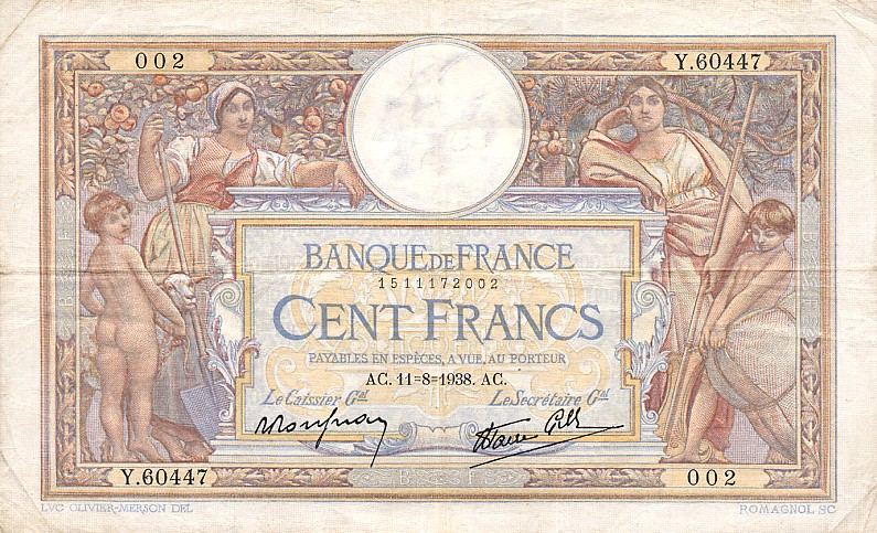 Front of France p86b: 100 Francs from 1937