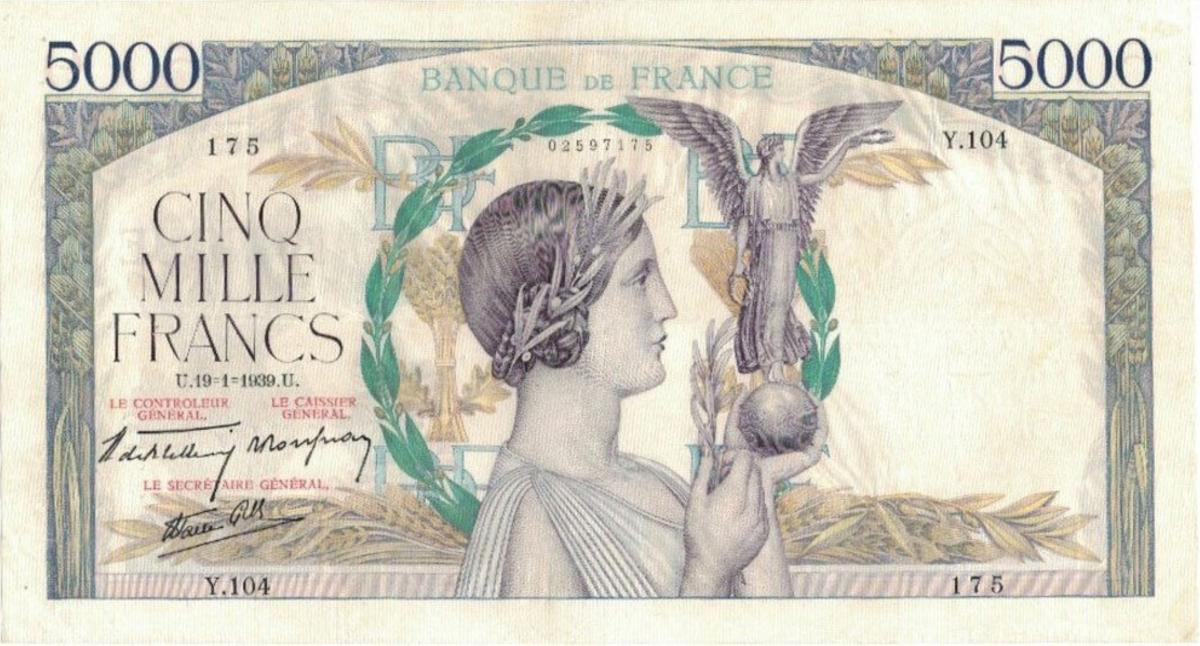 Front of France p97b: 5000 Francs from 1939