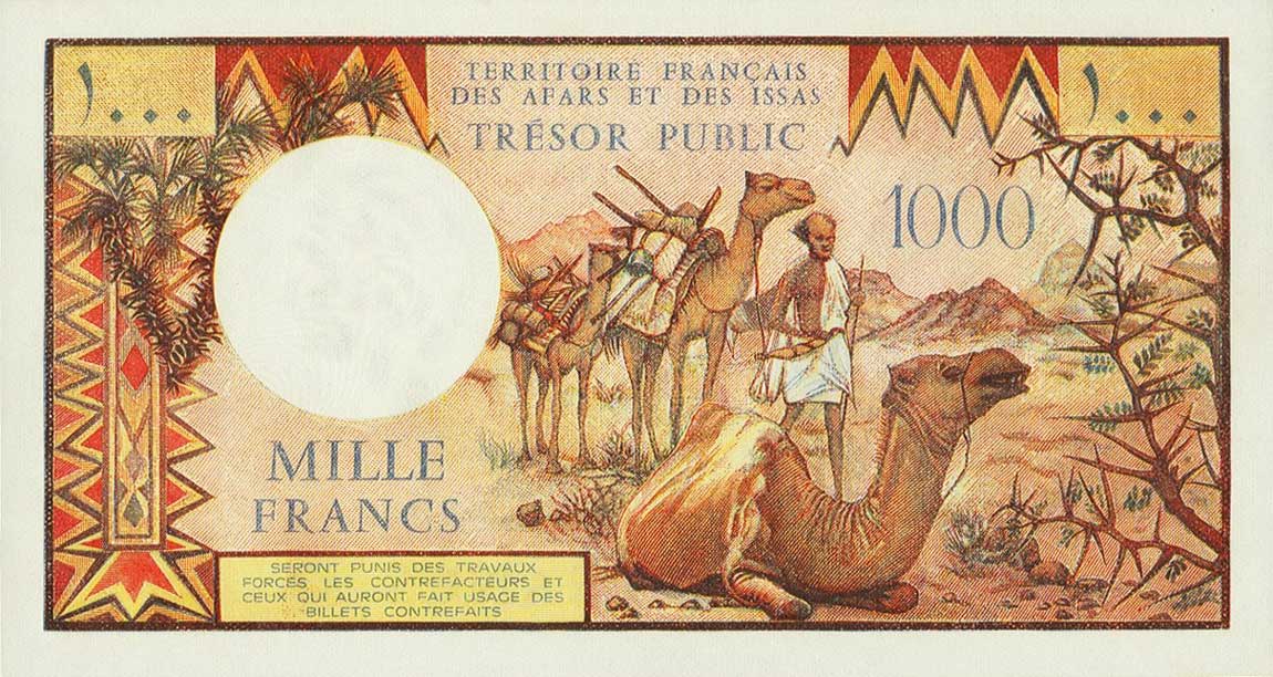 Back of French Afars and Issas p34: 1000 Francs from 1975
