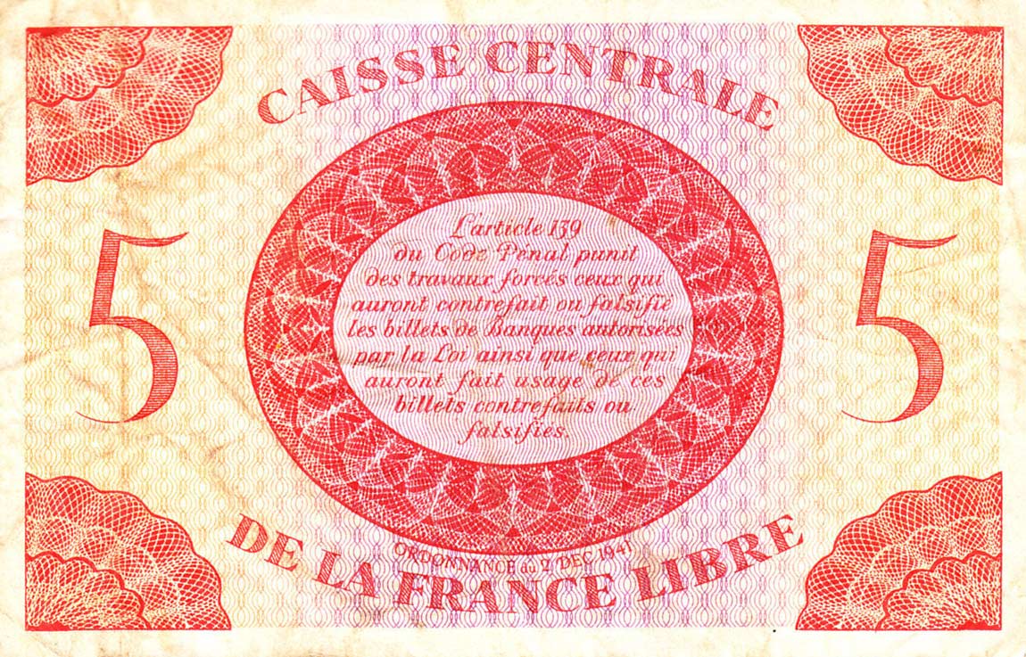 Back of French Equatorial Africa p10a: 5 Francs from 1941