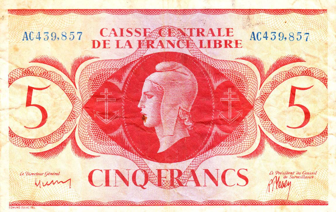 Front of French Equatorial Africa p10a: 5 Francs from 1941