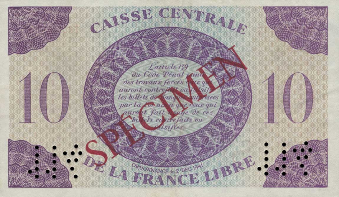 Back of French Equatorial Africa p11s: 10 Francs from 1941
