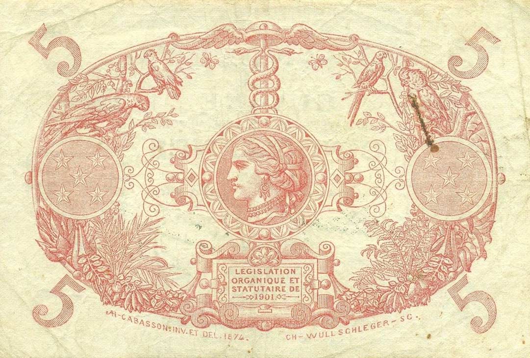 Back of French Guiana p1b: 5 Francs from 1933