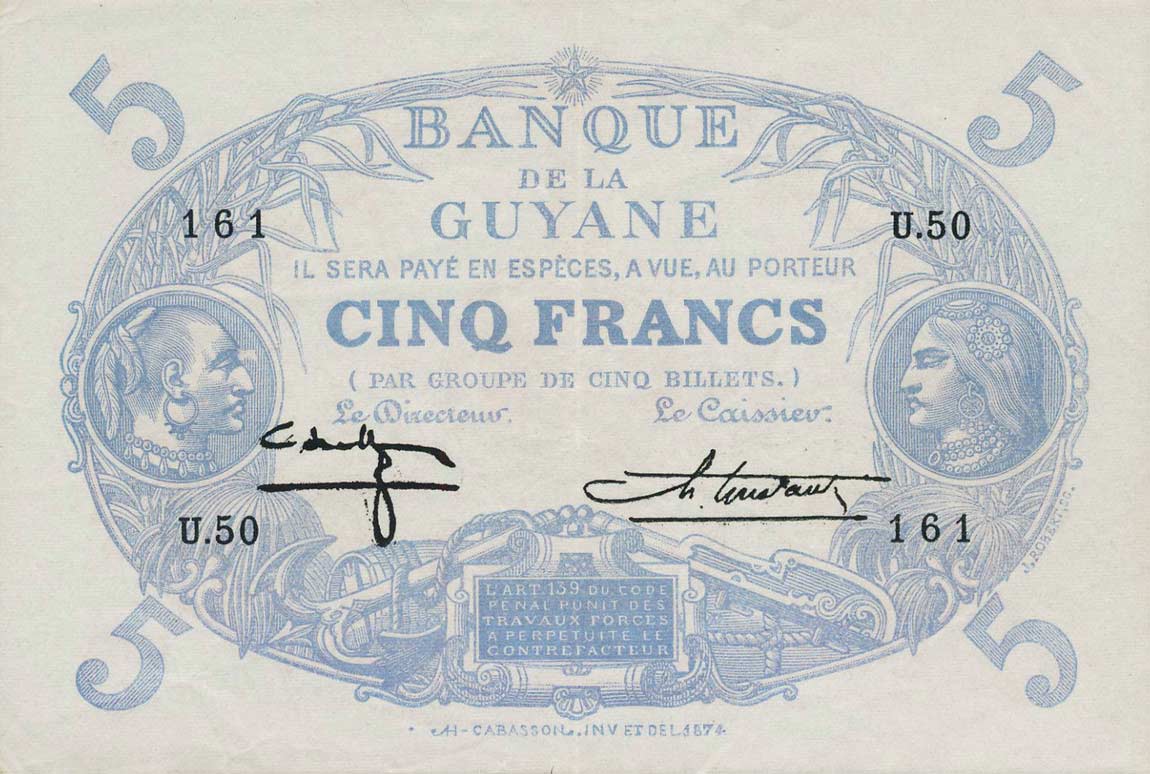 Front of French Guiana p1d: 5 Francs from 1942