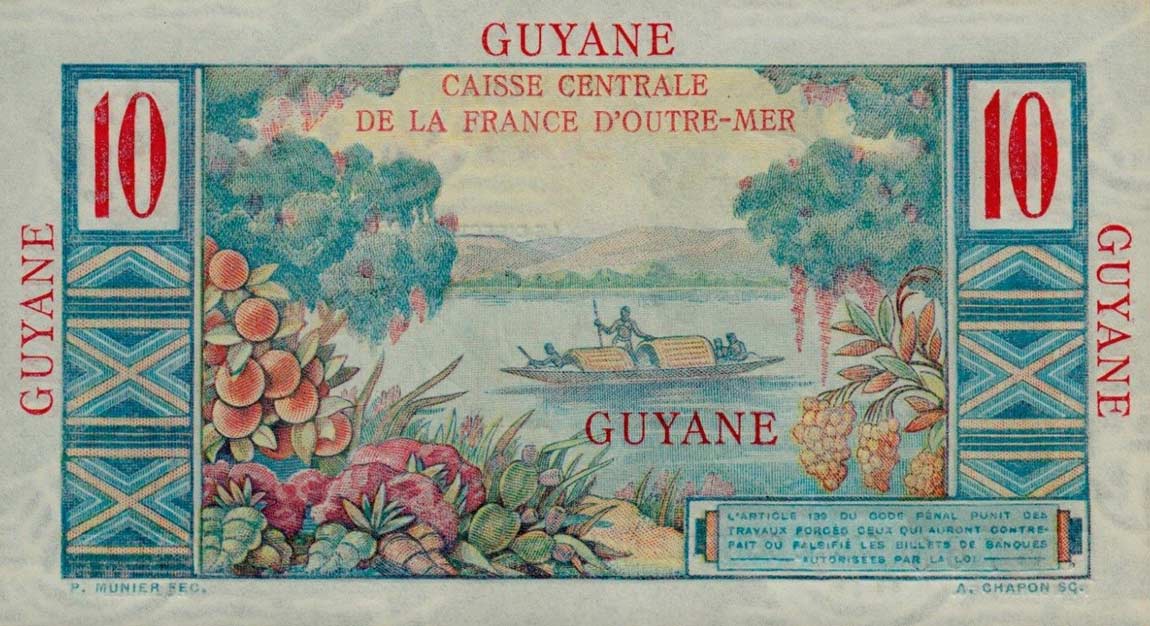 Back of French Guiana p20a: 10 Francs from 1947