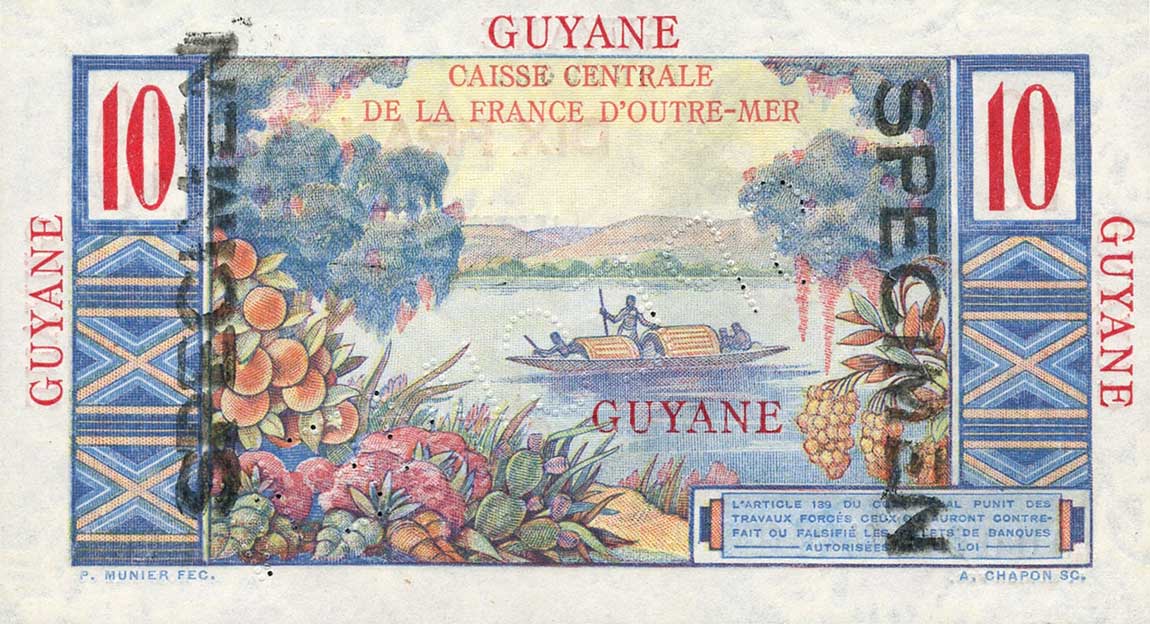 Back of French Guiana p20s: 10 Francs from 1947