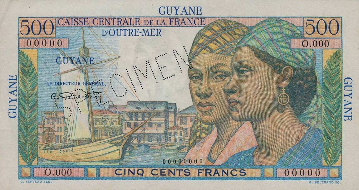 Front of French Guiana p24s: 500 Francs from 1947