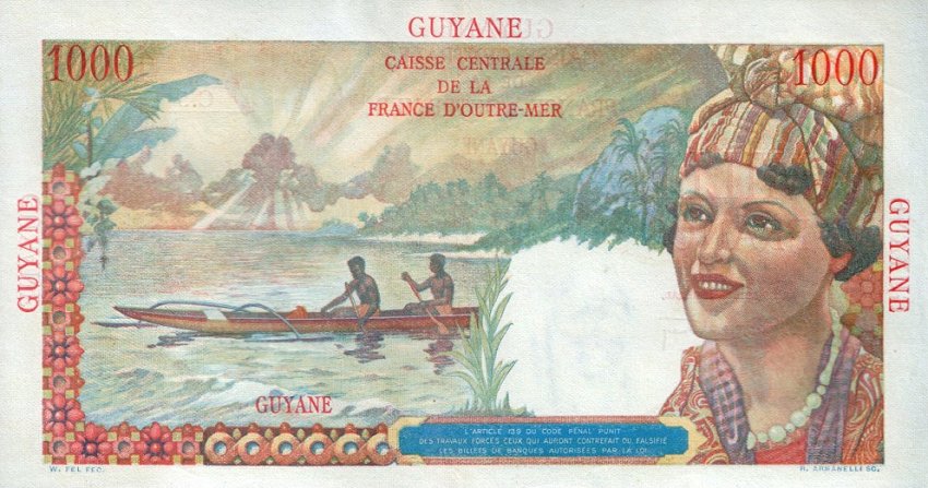 Back of French Guiana p25a: 1000 Francs from 1947