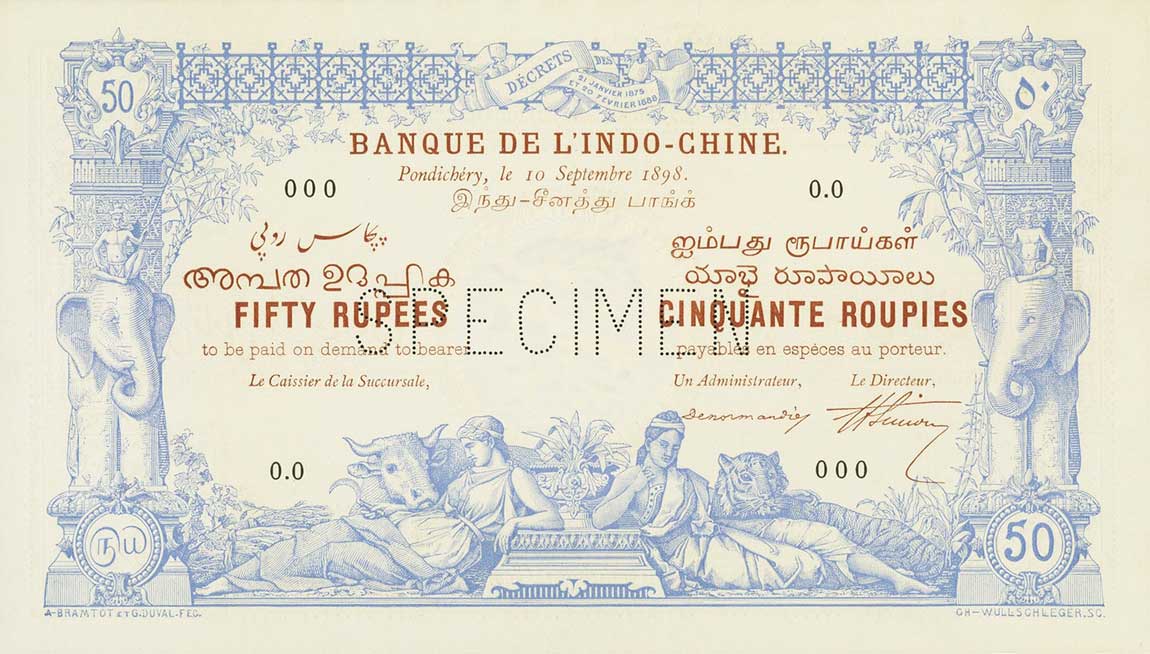 Front of French India pA3s: 50 Roupies from 1898