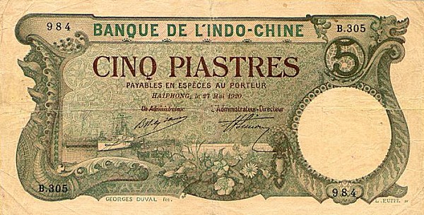 Front of French Indo-China p19: 5 Piastres from 1920