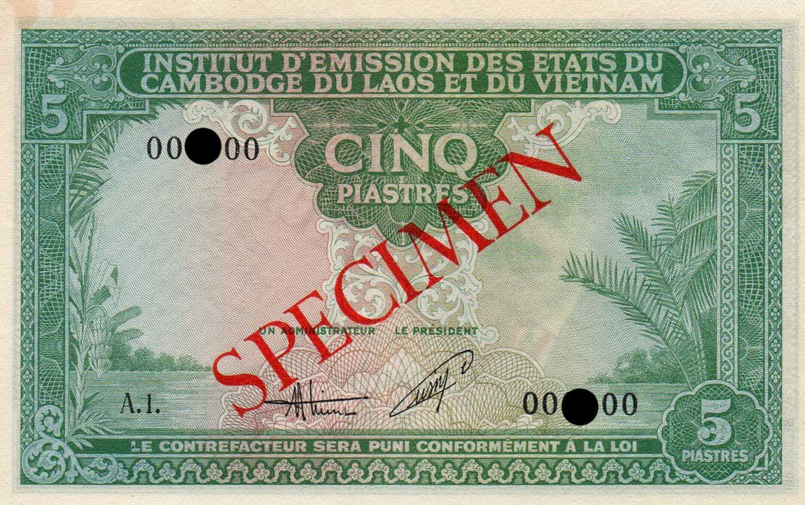 Front of French Indo-China p106s: 5 Piastres from 1953