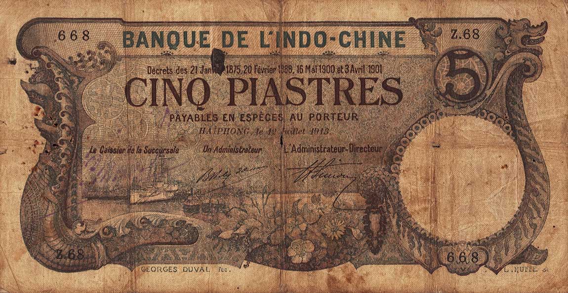 Front of French Indo-China p16b: 5 Piastres from 1910