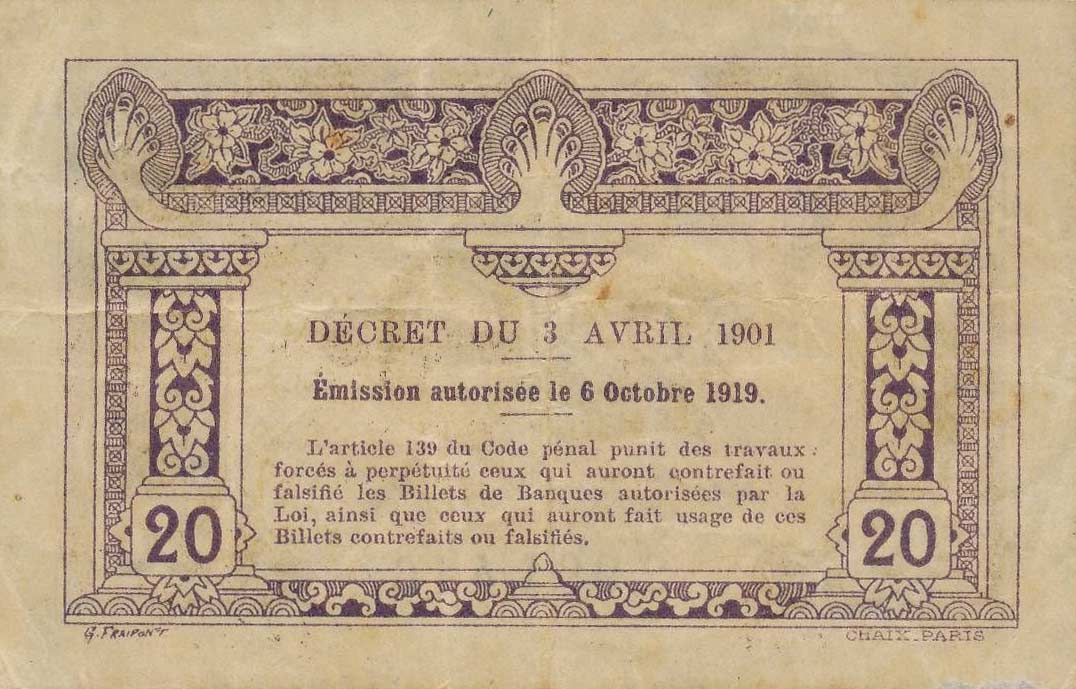 Back of French Indo-China p45a: 20 Cents from 1919