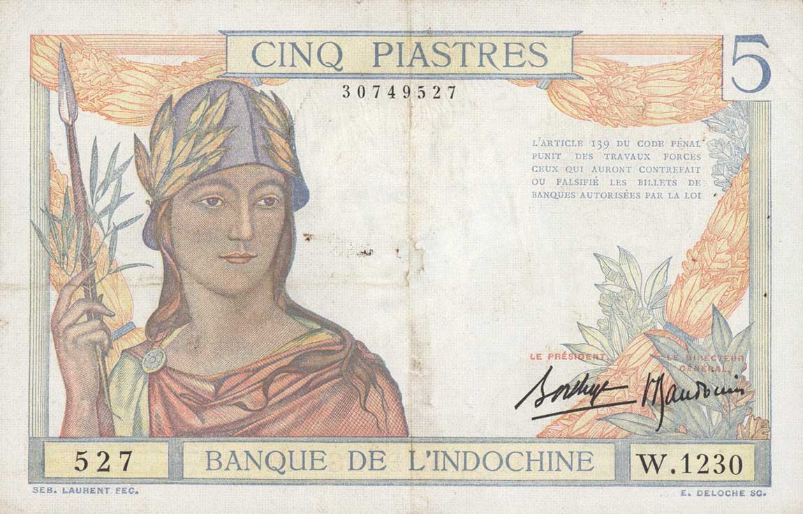 Front of French Indo-China p55b: 5 Piastres from 1936