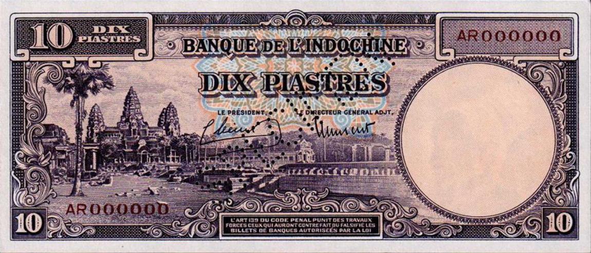 Front of French Indo-China p80s: 10 Piastres from 1947