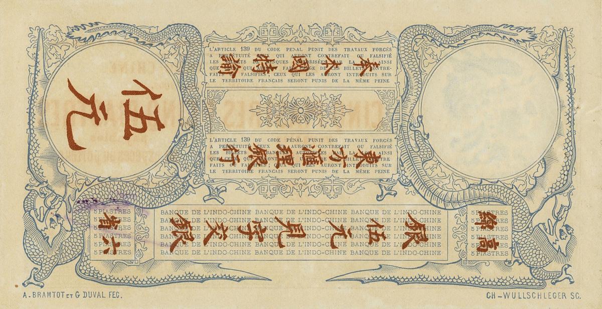 Back of French Indo-China p35: 5 Piastres from 1905