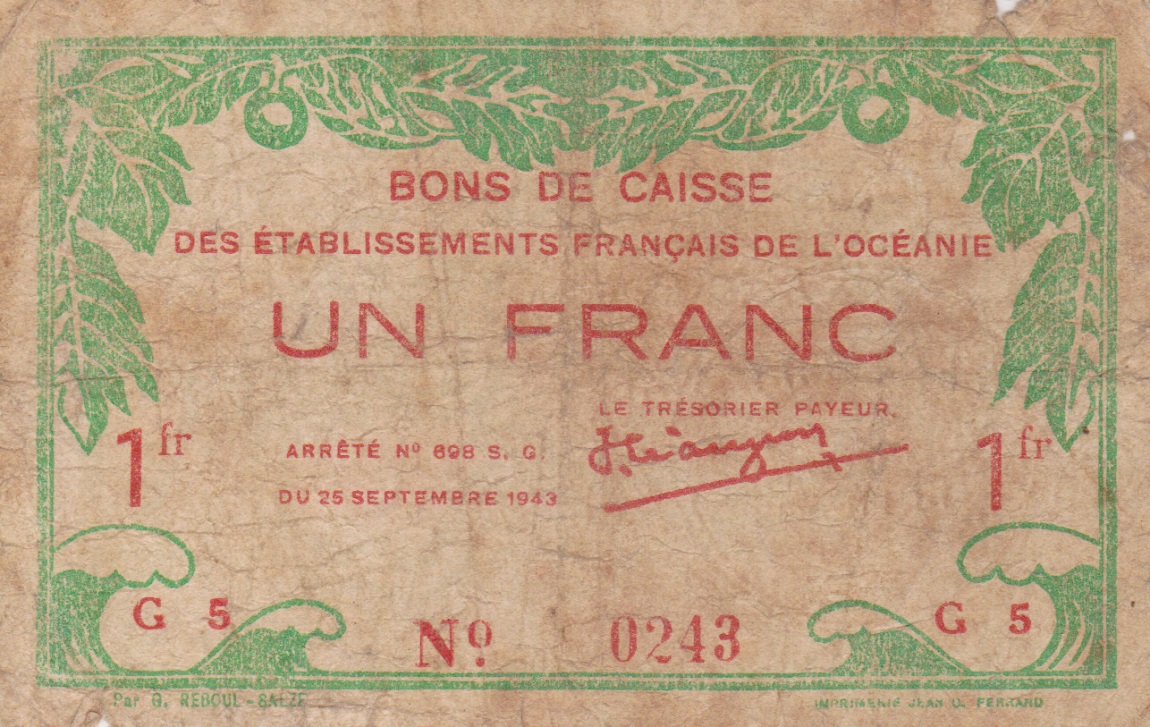 Front of French Oceania p11c: 1 Franc from 1943
