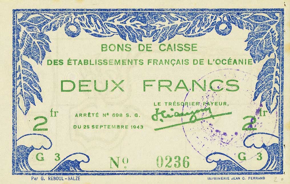 Front of French Oceania p12b: 2 Francs from 1943