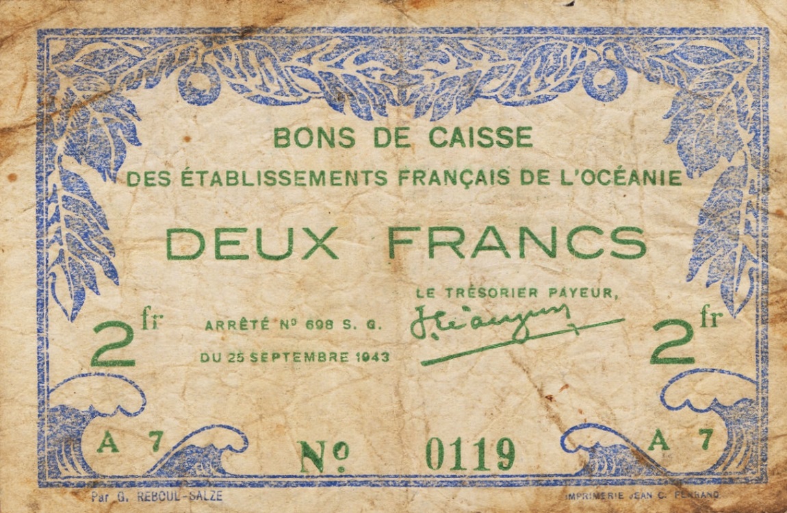 Front of French Oceania p12c: 2 Francs from 1943