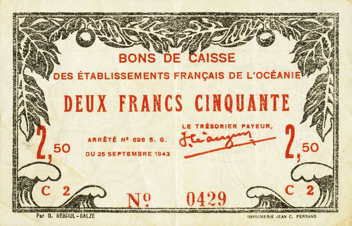 Front of French Oceania p13a: 2.5 Francs from 1943