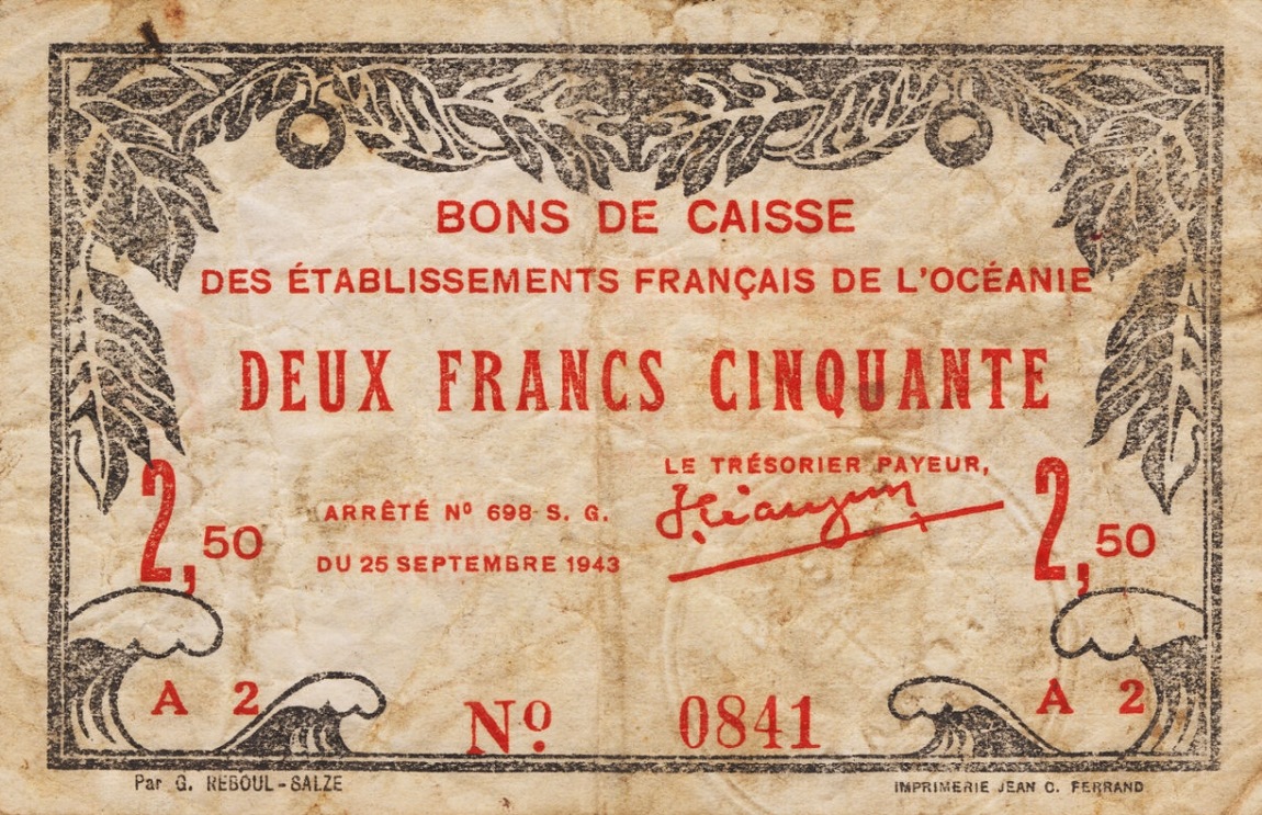 Front of French Oceania p13c: 2.5 Francs from 1943