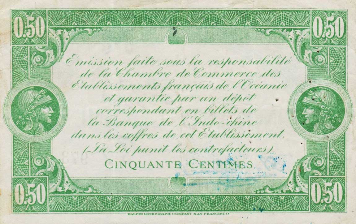 Back of French Oceania p2: 50 Centimes from 1919