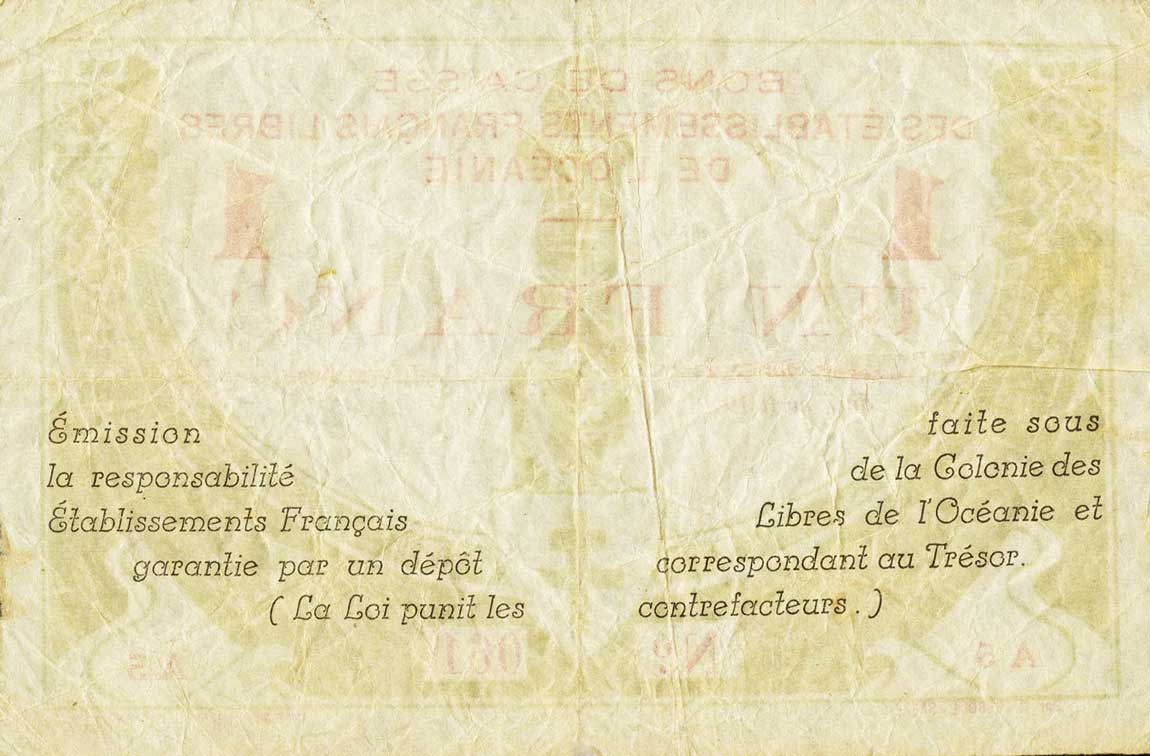 Back of French Oceania p8: 1 Franc from 1942