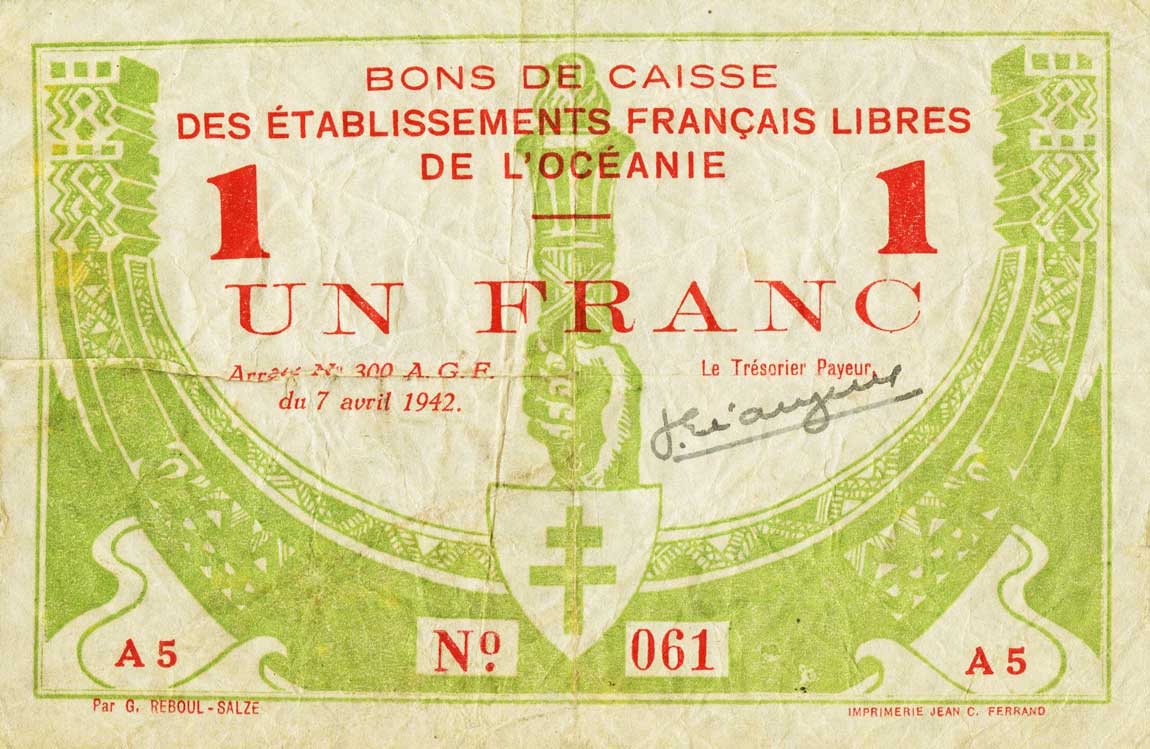 Front of French Oceania p8: 1 Franc from 1942