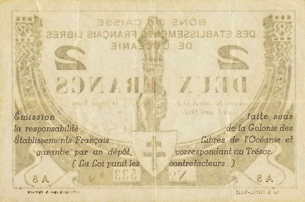 Back of French Oceania p9: 2 Francs from 1942