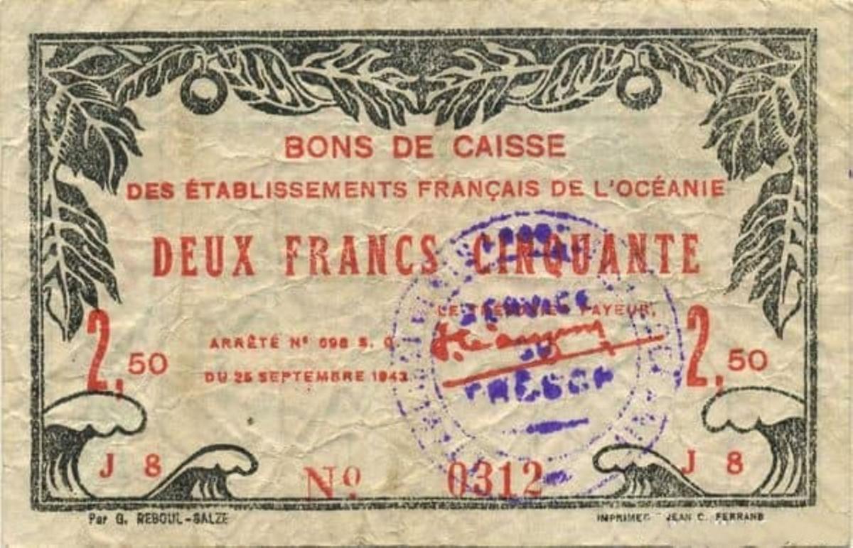 Front of French Oceania p13b: 2.5 Francs from 1943