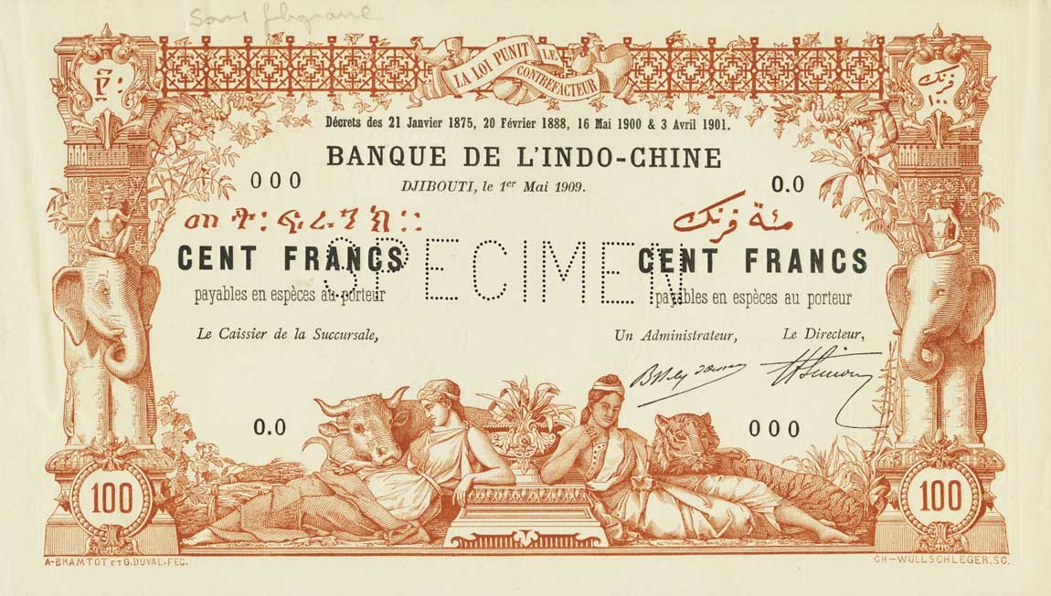 Front of French Somaliland p3s: 100 Francs from 1909