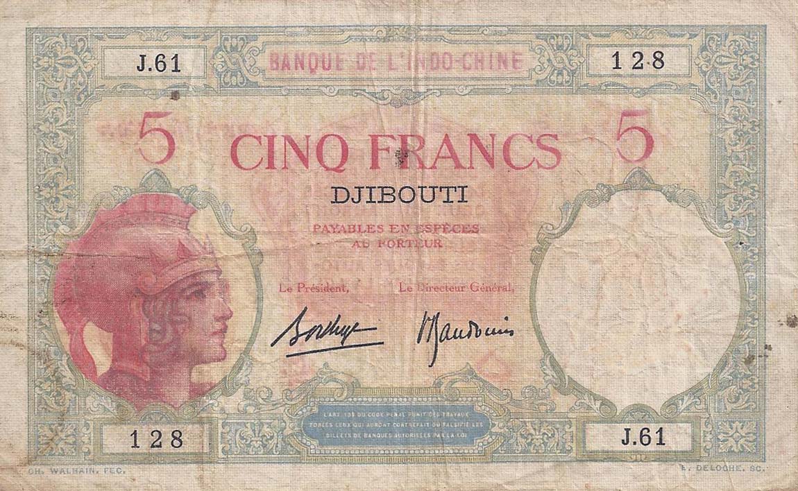 Front of French Somaliland p6b: 5 Francs from 1926