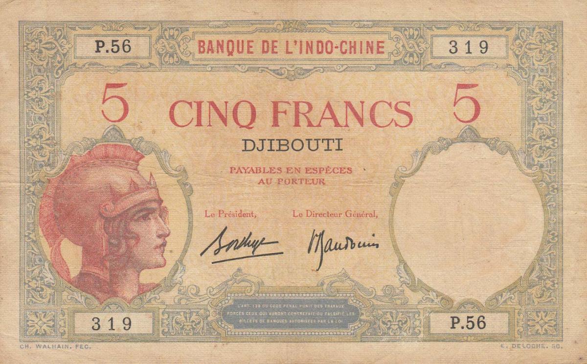 Front of French Somaliland p6a: 5 Francs from 1926